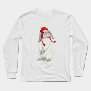 Winter bunny with red booble hat Long Sleeve T-Shirt